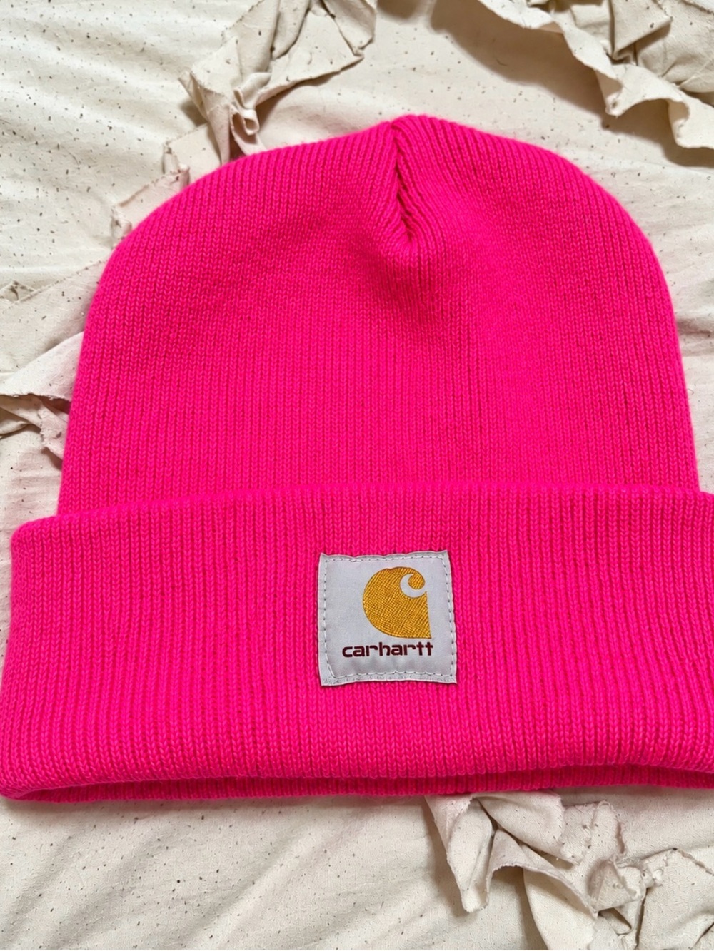 Carhartt Bright Pink Beanie with Gold Logo Patch